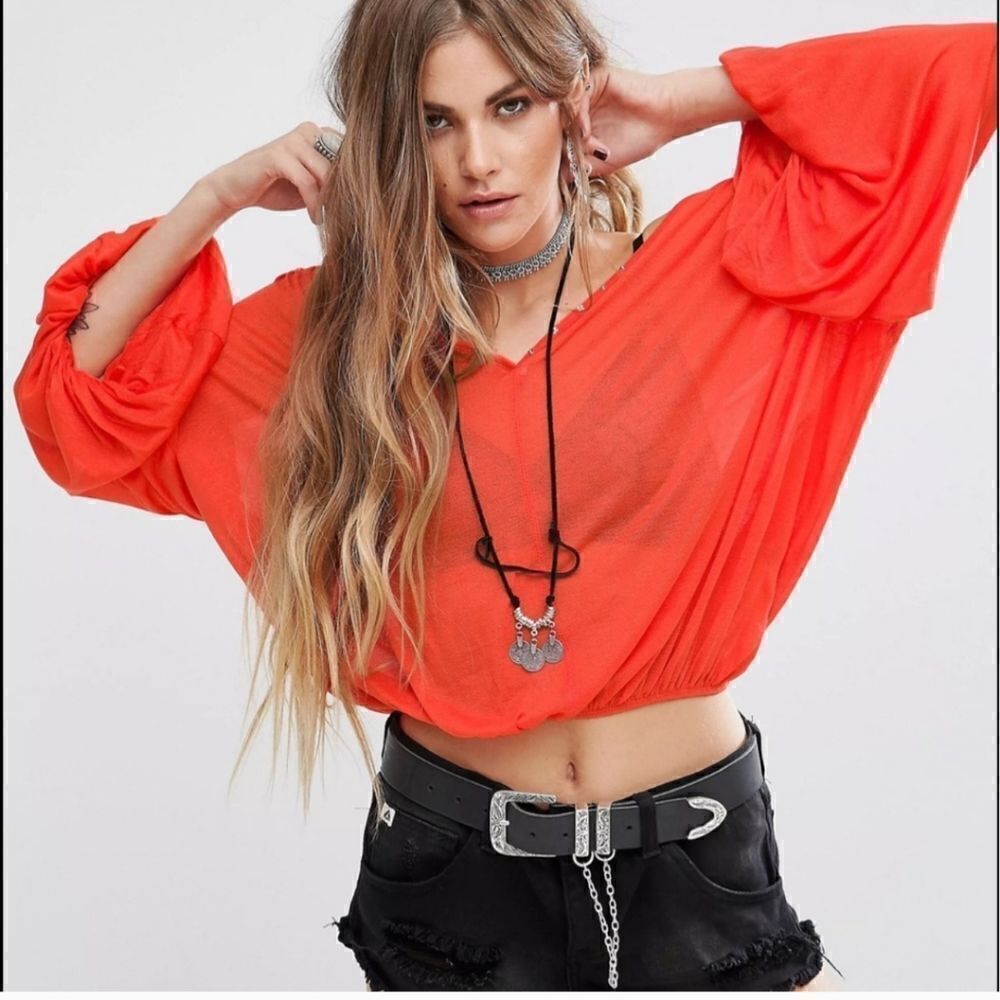 Free People‎ Peaks Island Orange Oversized Blouse Billowed Sleeves Size XS